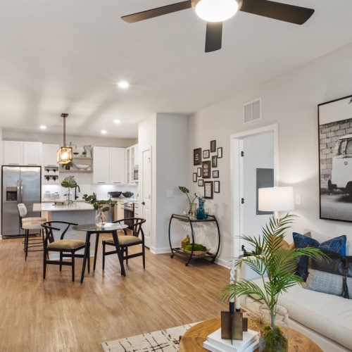 Wood-Inspired Plank Flooring in the Living Area with Carpet in the Bedrooms